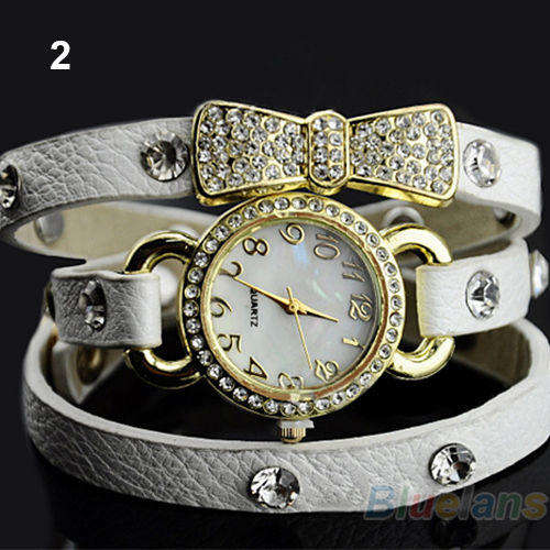 WHITE Vogue Women'S Crystal Bracelet Bow Leather Strap Chain Quartz Wrist Watch