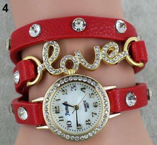 RED Fashion Women Girl Love Cz Dial Wrap Around Leather Bracelet Wrist Watch