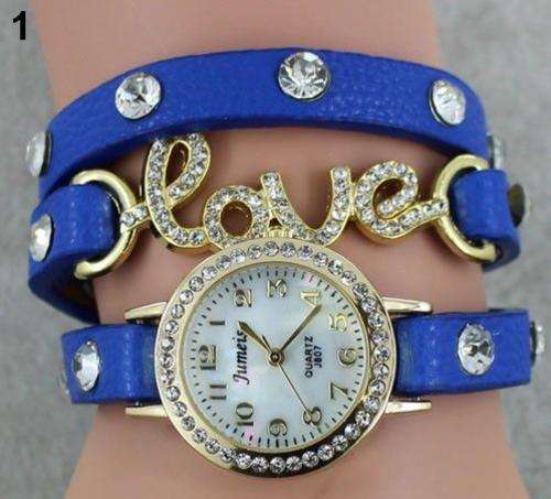 BLUE Fashion Women Girl Love Cz Dial Wrap Around Leather Bracelet Wrist Watch