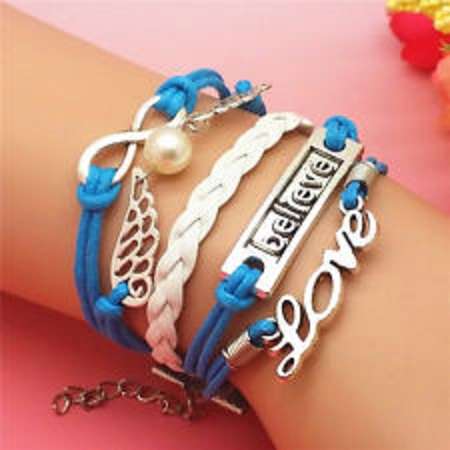 Blue White Believe Pearl Infinity Charm Bracelet in Silver