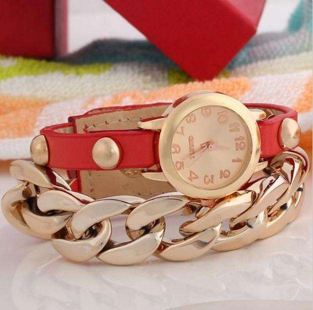 Punk  Gold RED leather acrylic chain Watch
