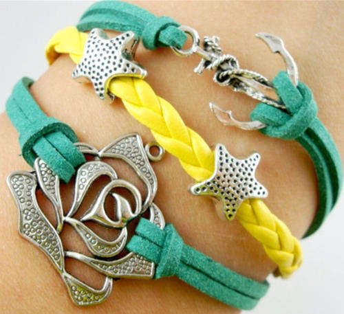Infinity  Green/Yellow Rose Anchor Braided leather Bracelet