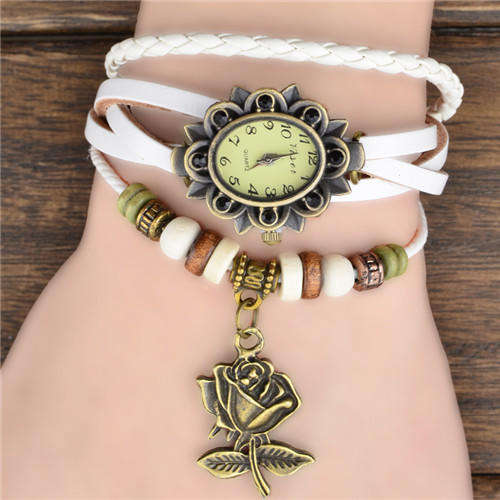 WHITE High Quality Genuine Leather Vintage Bracelet  Rose Pendant Wristwatch
