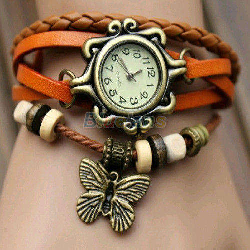 Retro Butterfly Bracelet Watch Womens Weave Leather Band Quartz Wrist Watch