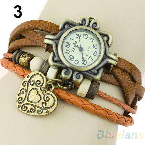 BROWN/TAN Retro Heart Bracelet Watch Womens Weave Leather Band Quartz Wrist Watch