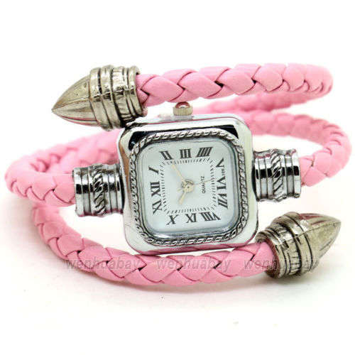 New Square Dial Weave WRAP Around Leather Bracelet Lady Woman Quartz Wrist Watch PINK