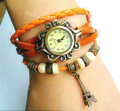 ORANGE Vintage Eiffel Tower Pendant Leather Quartz Bracelet Watch