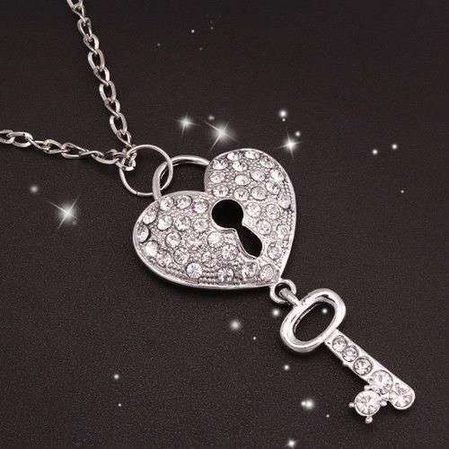 Silver Tone Rhinestone Key Lock Heart Pendant Necklace