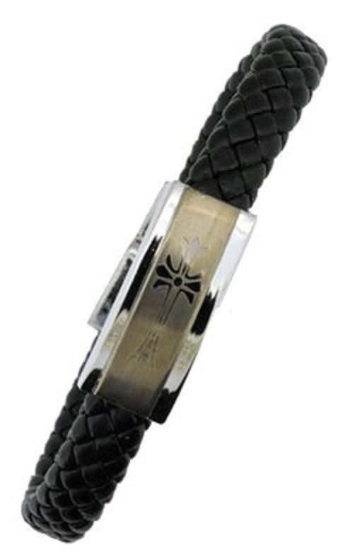 Unisex Black  Cross Stainless Steel & Braided Leather  Bracelet