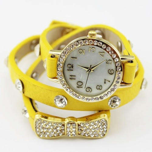 YELLOW Vogue Women's Crystal Bracelet Bow Leather Strap Chain Quartz Wrist Watch