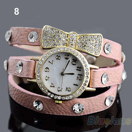 PINK  Vogue Women's Crystal Bracelet Bow Leather Strap Chain Quartz Wrist Watch