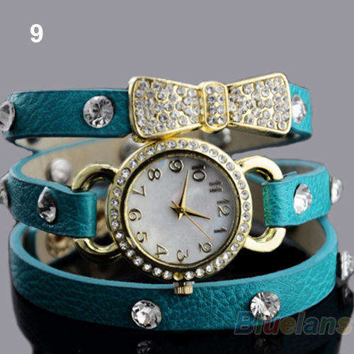 SKY BLUE Vogue Women'S Crystal Bracelet Bow Leather Strap Chain Quartz Wrist Watch