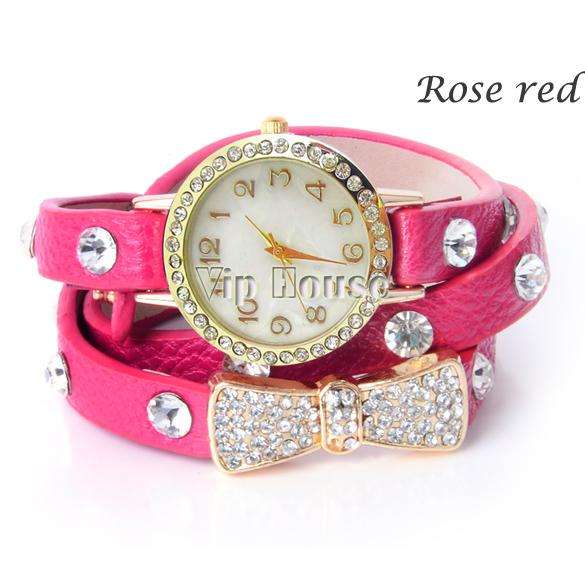 PINK  (Rose Red) Vogue Women's Crystal Bracelet Bow Leather Strap Chain Quartz Wrist Watch