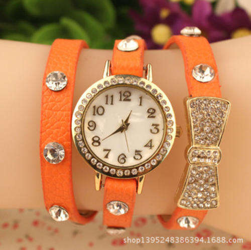 ORANGE  Vogue Women's Crystal Bracelet Bow Leather Strap Chain Quartz Wrist Watch