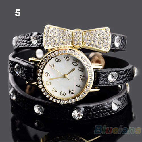 BLACK  Vogue Women's Crystal Bracelet Bow Leather Strap Chain Quartz Wrist Watch