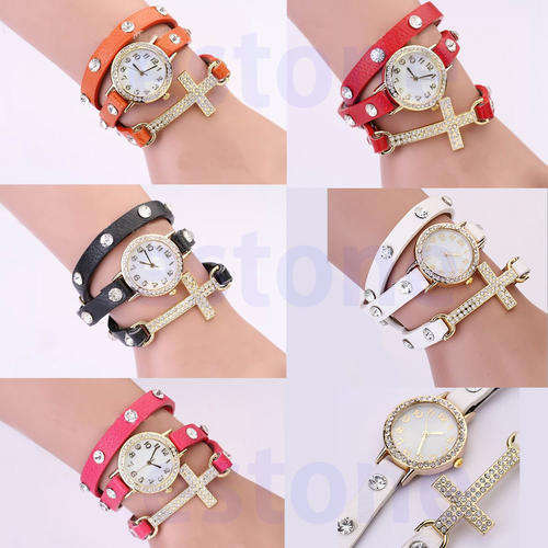Fashion Women Girl CROSS Cz Dial Wrap Around Leather Bracelet Wrist Watch