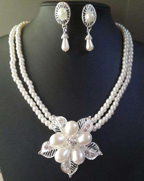Wedding Bridal Pageant Chunky Imitate Pearl crystal necklace earring set