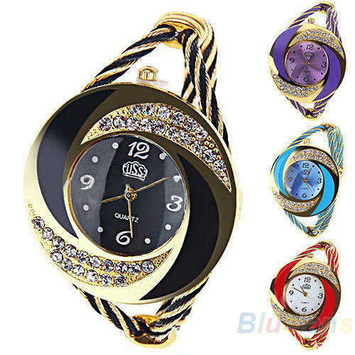 Womens GOLD Round Crystal Decor Bangle Cuff Analog Quartz Bracelet Watch (Available in 5 colors)