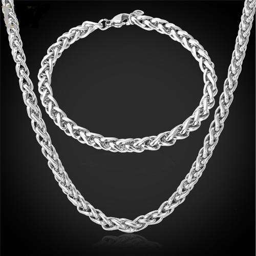 316L Stamped Stainless Steel UNISEX Wheat Braided Chain Necklace & Bracelet set (Free Gift Box)