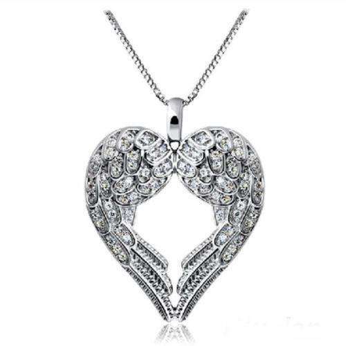 Women Silver Plated Delicate Angle Wing Heart Love Chain Necklace Jewelry