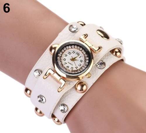 WHITE  Punk  Crystal Studs Wrap Faux Leather Bracelet Wrist Watch