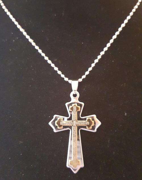 316L Stainless Steel Gold Inlay Unisex  Cross Pendant  Necklace and 60cm Ball Chain