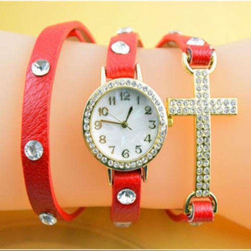 RED Women Girl CROSS Cz Dial Wrap Around Leather Bracelet Wrist Watch