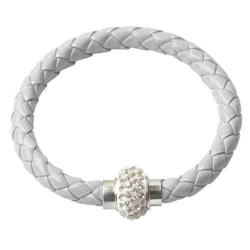 White Leather Wrap Wristband Cuff Punk Magnetic Rhinestone Buckle Bracelet Bangle