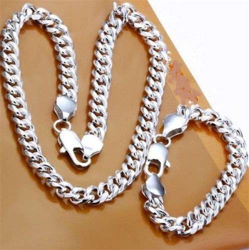 925 Siver Filled Curb Chain Necklace & Bracelet set (Free Gift Box)