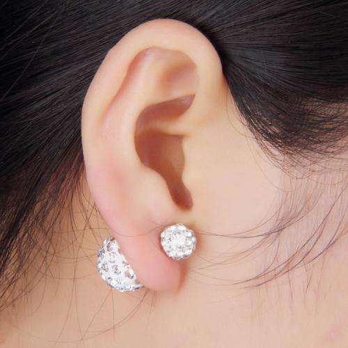 SILVER SHAMBALLA CLEAR RHINESTONE DOUBLE BALL STUD EARRINGS