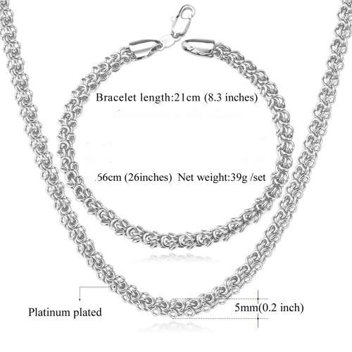 18K STAMPED Platinum Plated UNISEX Trendy Round Chain Necklace & Bracelet set (Free Gift Box)