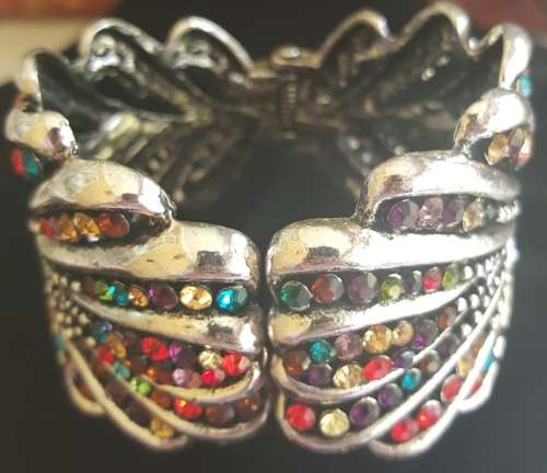 Stylish Silver MULTI-COLOR Rhinestones Tone Wide Cuff  Clip-On Bangle