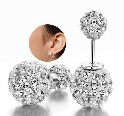 SILVER SHAMBALLA CLEAR RHINESTONE DOUBLE BALL STUD EARRINGS