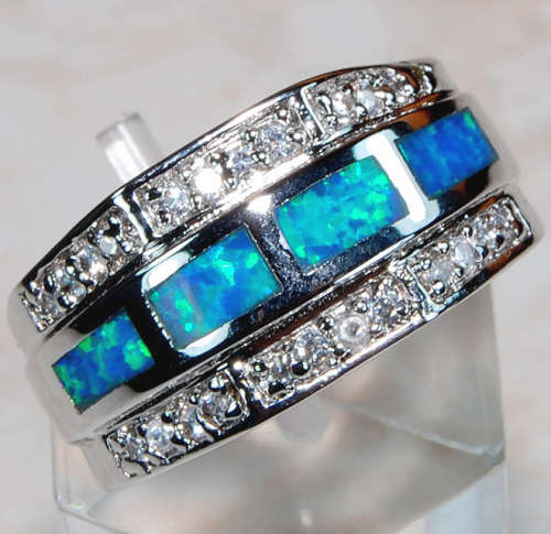 Australian Opal Inlay & White Topaz 925 Solid Genuine Sterling Silver Ring Sz 8