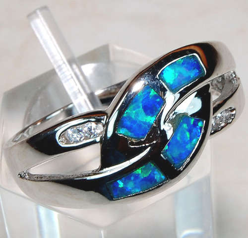 Opal Inlay & White Topaz 925 Solid Genuine Sterling Silver Ring Sz 8