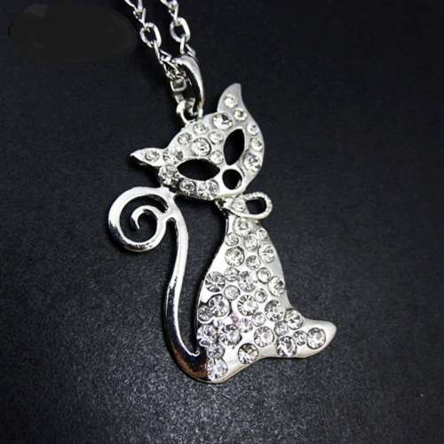 SILVER TONE  RHINESTONES CRYSTAL CAT PENDANT  NECKLACE CHAIN