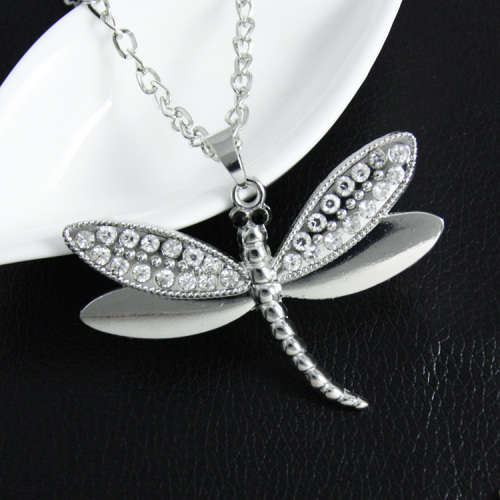 Rhinestone Silver Dragonfly Pendant Necklace