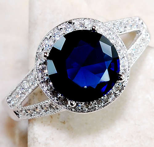 MANMADE Blue Sapphire & White Topaz 925 Solid Genuine Sterling Silver Ring  Sz 7