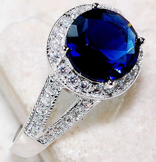 MANMADE Blue Sapphire & White Topaz 925 Solid Genuine Sterling Silver Ring  Sz 7
