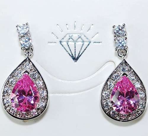 4CT Pink Sapphire & White Topaz 925 Solid Genuine Sterling Silver Earrings