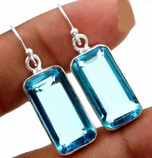 20CT Flawless Blue Topaz 925 Solid Sterling Silver Earrings 1 1/2" Long