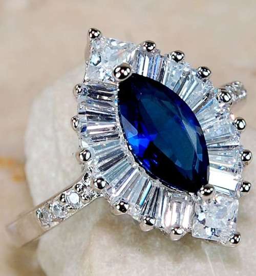 2CT Blue Sapphire & White Topaz 925 Solid Genuine Sterling Silver Ring Sz 7