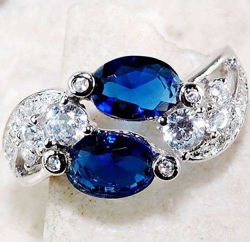 2CT Blue Sapphire & White Topaz 925 Solid Sterling Silver Ring Sz 8