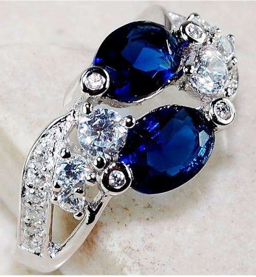 2CT Blue Sapphire & White Topaz 925 Solid Sterling Silver Ring Sz 8