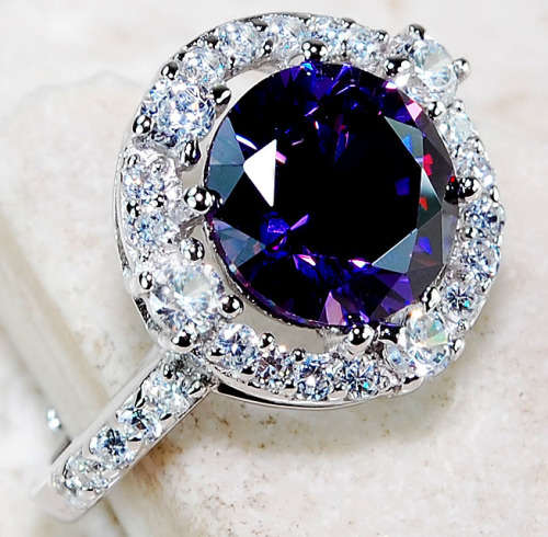  2 CARATS AMETHYST, WHITE TOPAZ, GENUINE 925 SOLID STERLING SILVER RING SIZE 7.