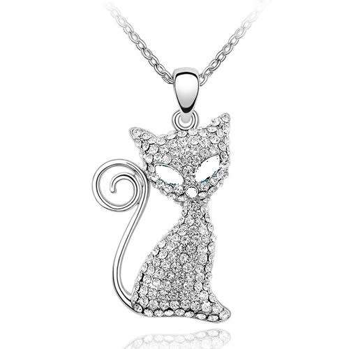 SILVER TONE  RHINESTONES CRYSTAL CAT PENDANT  NECKLACE CHAIN