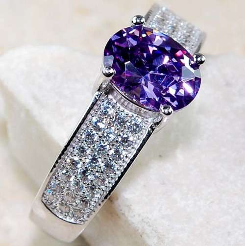 3CT Amethyst & White Topaz 925 Solid Genuine Sterling Silver Ring # 6