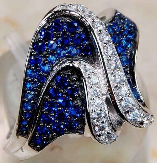 2CT Sapphire & White Topaz 925 Solid  Sterling Silver Ring # 7