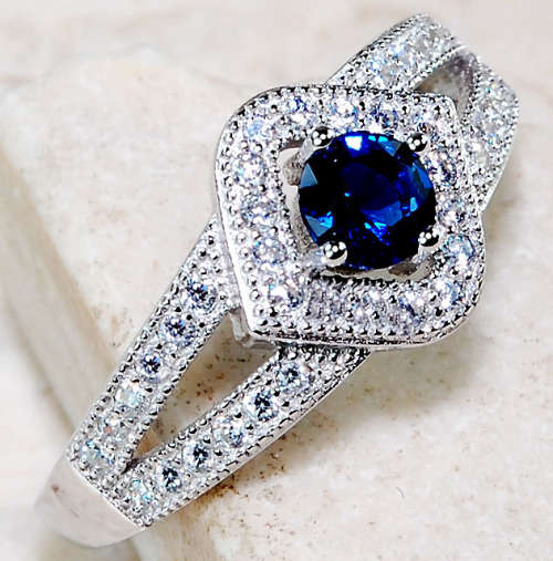 Blue Sapphire & White Topaz 925 Solid Genuine Sterling Silver Ring  Sz 7
