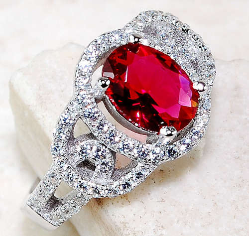 2CT Ruby & White Topaz 925 Solid Genuine Sterling Silver Ring  Sz 6